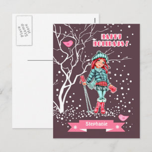 Young Girl Skier   Custom Name Christmas Holiday Postcard