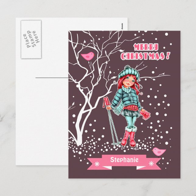Young Girl Skier | Custom Name Christmas  Holiday Postcard (Front/Back)