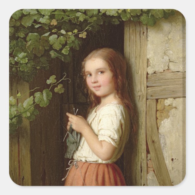 Young Girl Standing in a Doorway Knitting, 1863 Square Sticker (Front)
