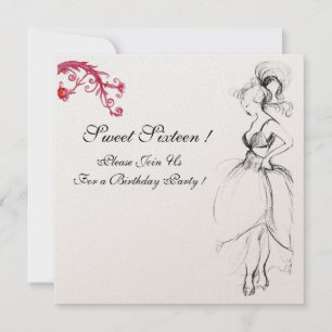 YOUNG GIRL SWEET 16 PARTY, Black,White Red Swirls Invitation