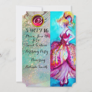 YOUNG GIRL SWEET 16 PARTY, Blue Sparkles Monogram Invitation