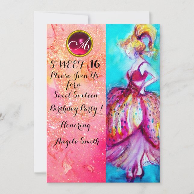 YOUNG GIRL SWEET 16 PARTY,Pink Sparkles Monogram Invitation (Front)