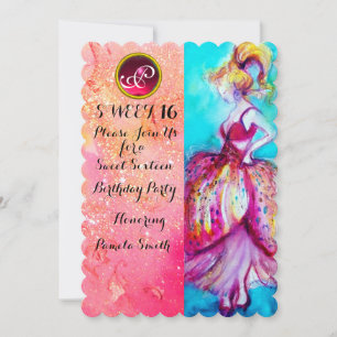 YOUNG GIRL SWEET 16 PARTY,Pink Sparkles Monogram Invitation