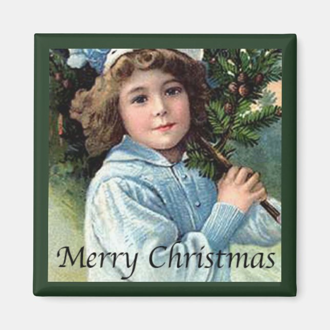 Young Girl With Christmas Tree Vintage Magnet (Front)