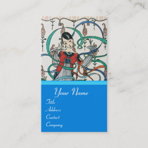 YOUNG GIRL WITH COLORFUL RIBBON SWIRLS AND CUPID BUSINESS CARD