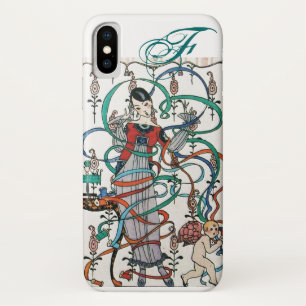 YOUNG GIRL WITH COLORFUL RIBBON SWIRLS AND CUPID iPhone X CASE