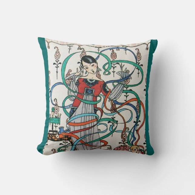 YOUNG GIRL WITH COLORFUL RIBBON SWIRLS AND CUPID CUSHION (Front)