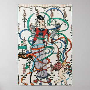 YOUNG GIRL WITH COLORFUL RIBBON SWIRLS AND CUPID POSTER