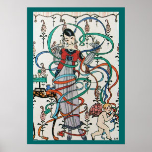 YOUNG GIRL WITH COLORFUL RIBBON SWIRLS AND CUPID POSTER