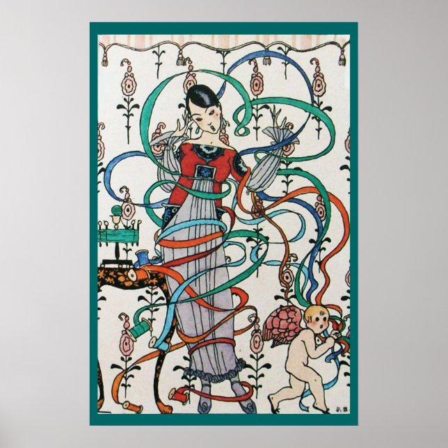 YOUNG GIRL WITH COLORFUL RIBBON SWIRLS AND CUPID POSTER (Front)