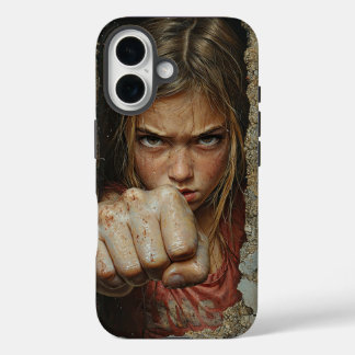 Young girl with fierce expression ready to punch.  iPhone 16 case