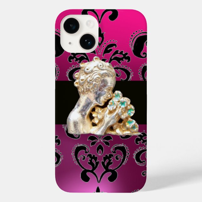 YOUNG GIRL WITH FLOWERS BLACK PINK DAMASK Amethyst Case-Mate iPhone Case (Back)