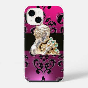 YOUNG GIRL WITH FLOWERS BLACK PINK DAMASK Amethyst iPhone 14 Case