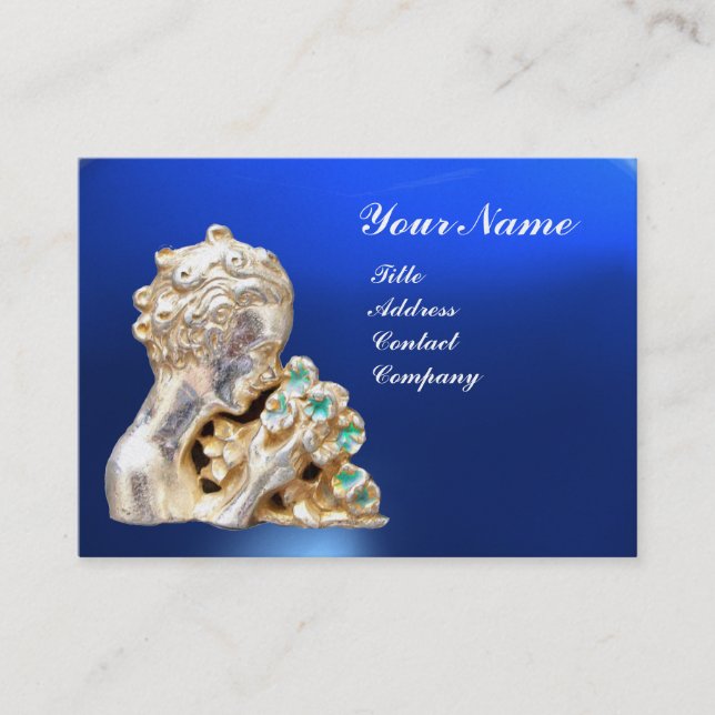 YOUNG GIRL WITH FLOWERS MONOGRAM Gold, Blue Business Card (Front)
