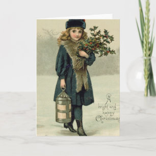 Young girl with Holly and Lantern Holiday Card