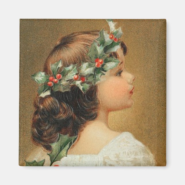Young Girl with Holly Vintage Magnet (Front)