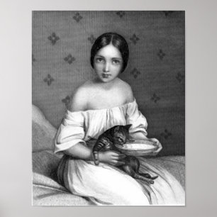 Young girl with kitten and bowl of milk poster