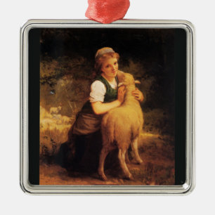 Young Girl With Lamb Metal Tree Decoration