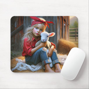 Young Girl With Newborn Lamb Mouse Mat