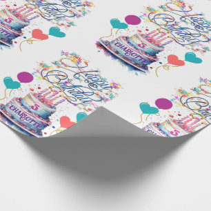 Young Girls Birthday Add Name Age Pretty Cake Wrapping Paper