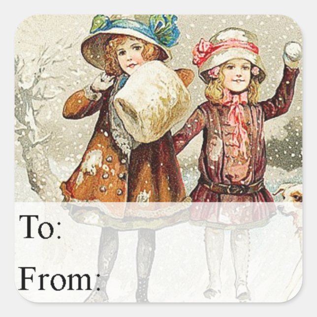 Young Girls In Snow Vintage Gift Tag (Front)