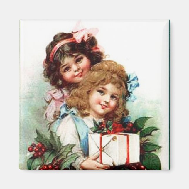 Young Girls With Christmas Gifts Vintage Magnet (Front)