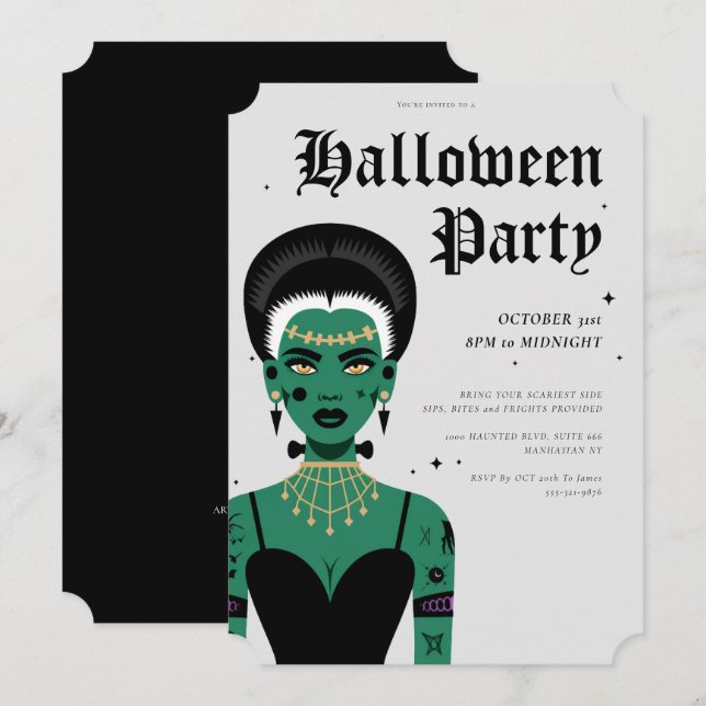 Young Goth Bride of Frankenstein Halloween Party Invitation (Front/Back)