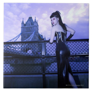 Young Goth woman at Tower Bridge, London Tile