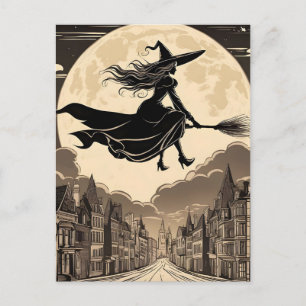 Young Halloween Witch Riding a Broom Over the City Postcard