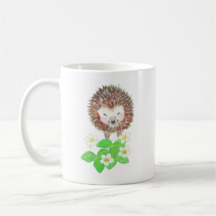 Young Hedgehog & Wild Strawberry Flowers Coffee Mug