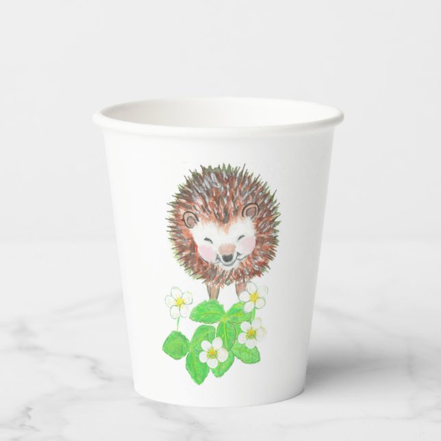 Young Hedgehog & Wild Strawberry Flowers  Paper Cups (Front)