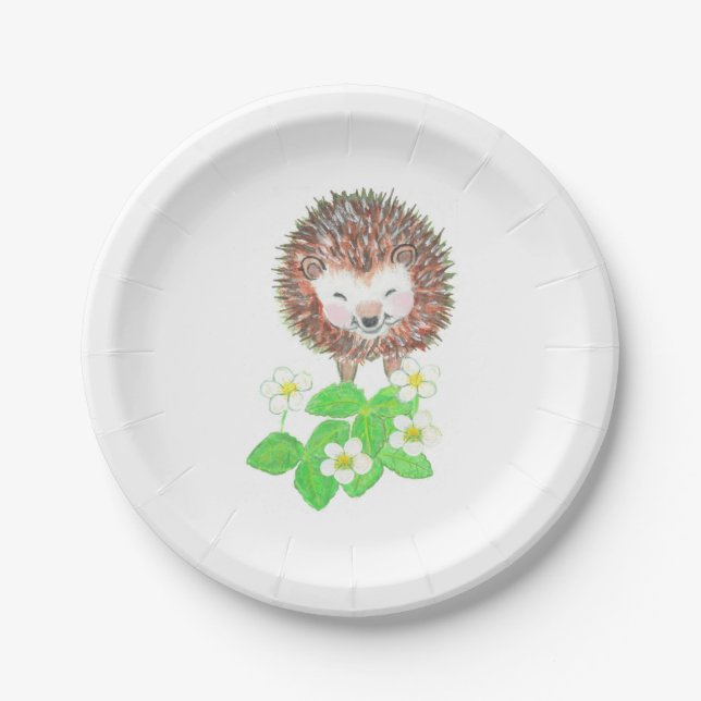 Young Hedgehog & Wild Strawberry Flowers   Paper Plate (Front)
