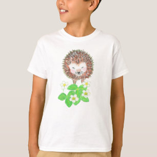Young Hedgehog & Wild Strawberry Flowers   T-Shirt