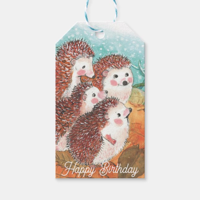 Young hedgehogs Happy Birthday  Gift Tags (Front)