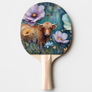 Young Highland Cow Floral Tapestry Ping Pong Paddle