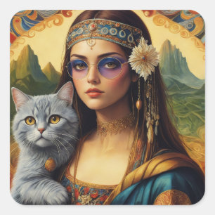Young Hippie Mona Lisa and Her Grey Cat Square Sticker