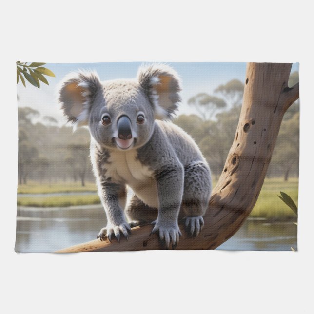 Young Koala by a Lake Tea Towel (Horizontal)