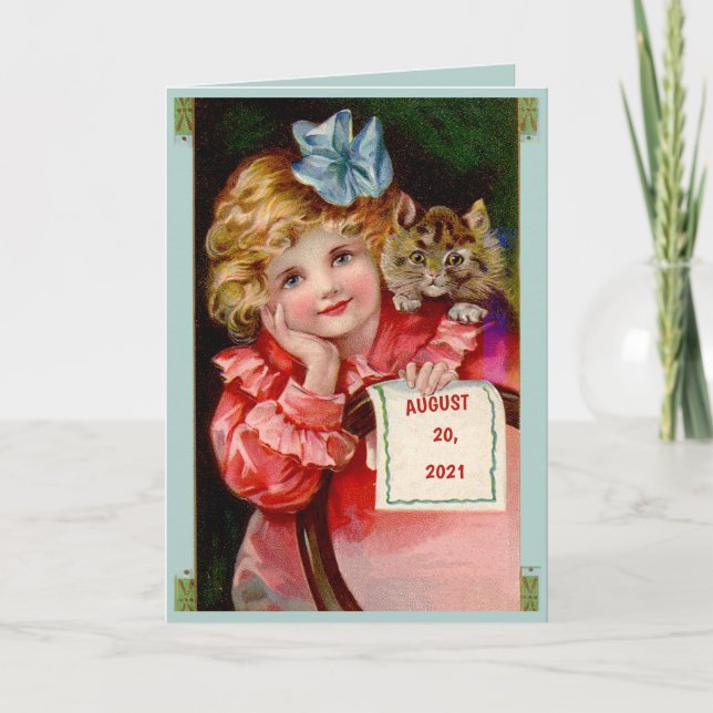 Young lady, cat, birthday, ribbon, greeting card (Front)