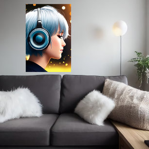 Young lady listening to music AI Art Poster