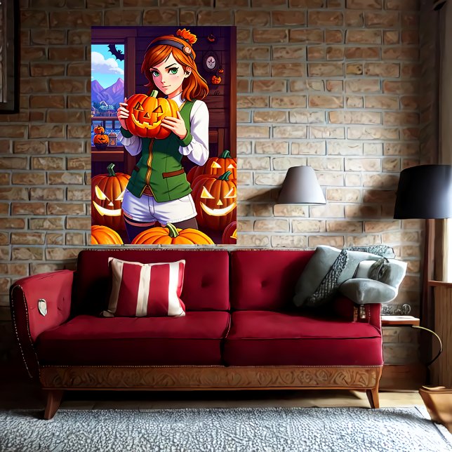 Young lady long hair holding a pumpkin | AI Art Poster (Creator Uploaded)