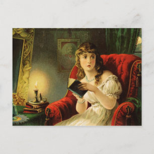 Young lady reading by candlelight is spooked postcard