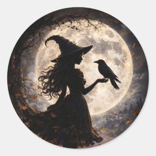 Young Little Witch and Raven Halloween Cute Classic Round Sticker