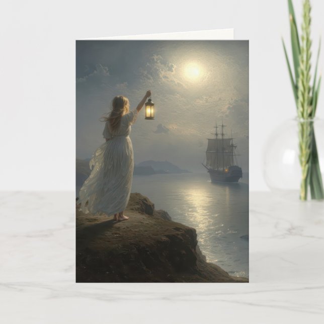 Young Maiden Holding a Lantern in a Harbour Card (Front)