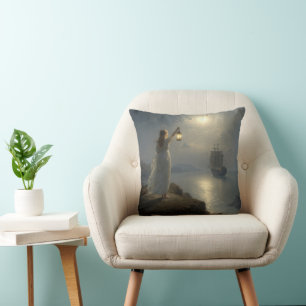 Young Maiden Holding a Lantern in a Harbour Cushion