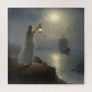 Young Maiden Holding a Lantern in a Harbour Jigsaw Puzzle