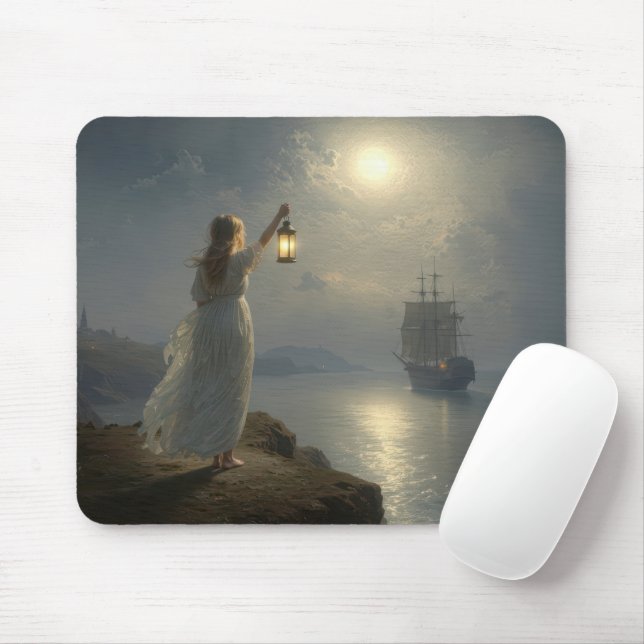 Young Maiden Holding a Lantern in a Harbour Mouse Mat (With Mouse)