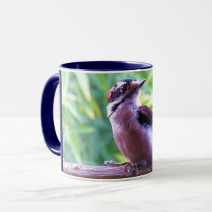 Young Male Downy Woodpecker on Railing Mug