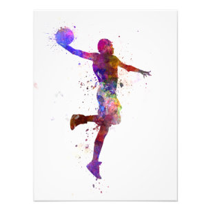 young man basketball player one hand slam dunk photo print