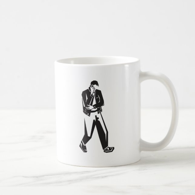 young man talking on a cell phone  while walking coffee mug (Right)