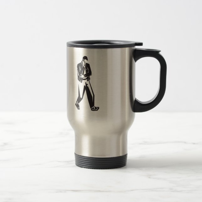 young man talking on a cell phone  while walking travel mug (Right)